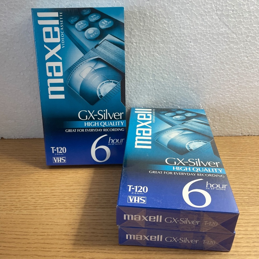 Maxell Video Cassette GX-Silver High Quality 6 Hr T-120 VHS for VCR Lot of 3 New